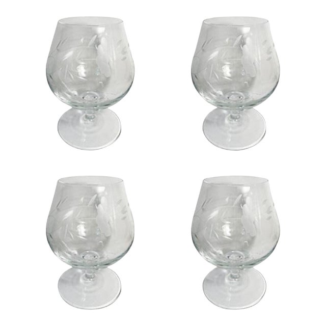 Vintage French Etched Crystal Cognac Brandy Sniffer Glasses France - Set of 4 For Sale
