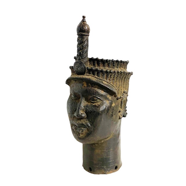 This exquisite vintage Benin Bronze Head of Oba from Nigeria is a remarkable piece, standing at a height of 19 inches,...