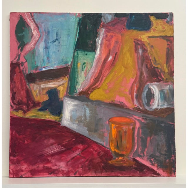 Blocky, architectural forms and loose, but broad brushstrokes in striking colors of magenta, maroon, goldenrod yellow, and...