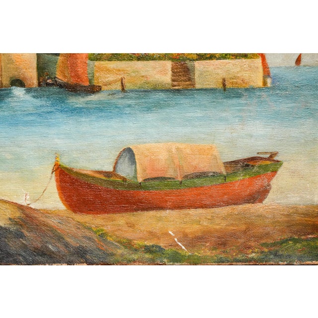 Textile Colorful Mediterranean Coast Landscape Antique Oil Painting Home Wall Decor Grand Tour Travel For Sale - Image 7 of 11