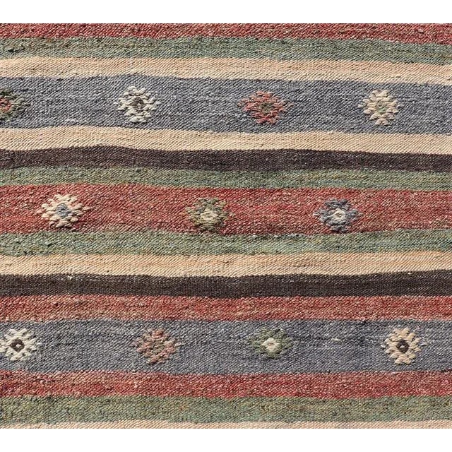 Mid 20th Century Turkish Vintage Kilim Striped Runner With Tribal Motifs in Copper and Greens For Sale In Atlanta - Image 6 of 12
