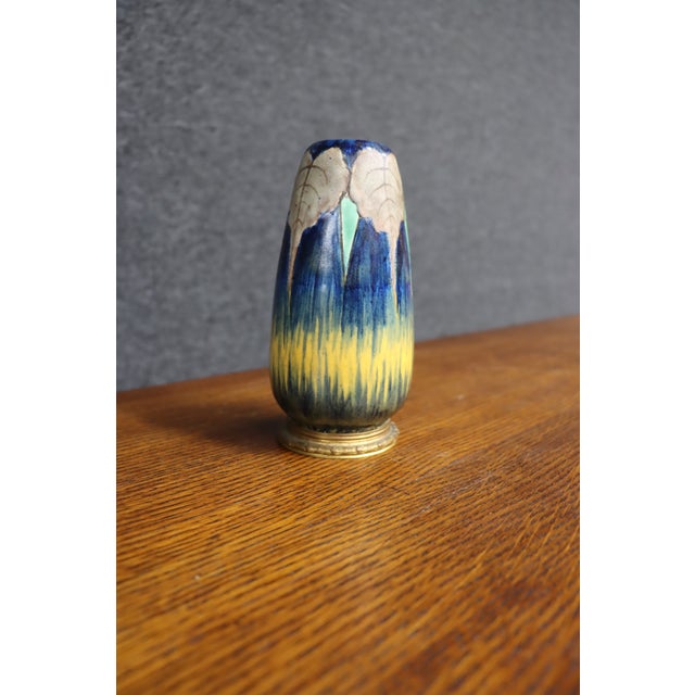 Mid 20th Century Art Pottery Drip Glaze Vase With Bronze Base, Signed Page For Sale - Image 5 of 9