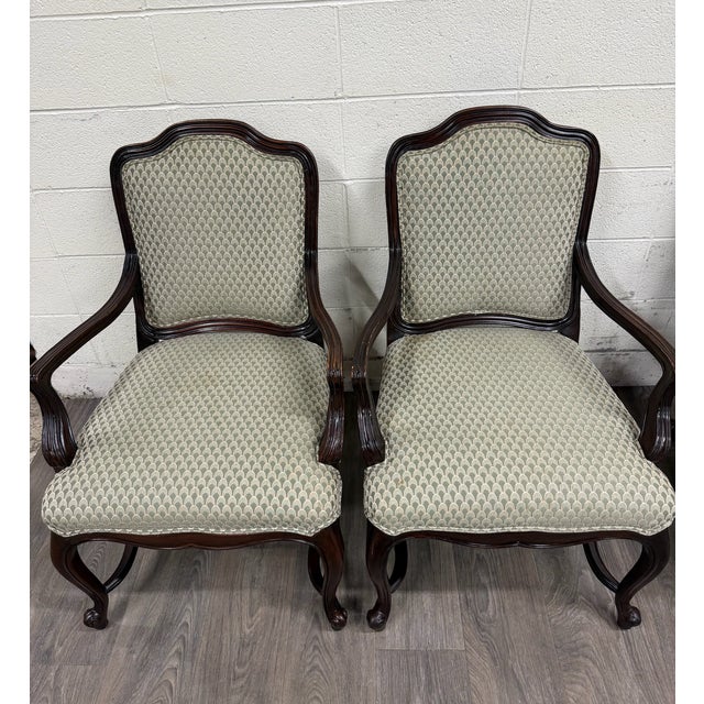 This is a gorgeous, rare, and stunning full set of four vintage Drexel Heritage Louis XV style upholstered dining chairs....