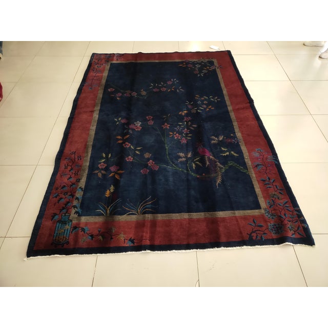 1920s Chinese Art Deco Carpet ( 6' x 8'8" - 183 x 264 ) Antique Floral Wool Hand Knotted Pile Blue 1920s Rug, Circa Date:...