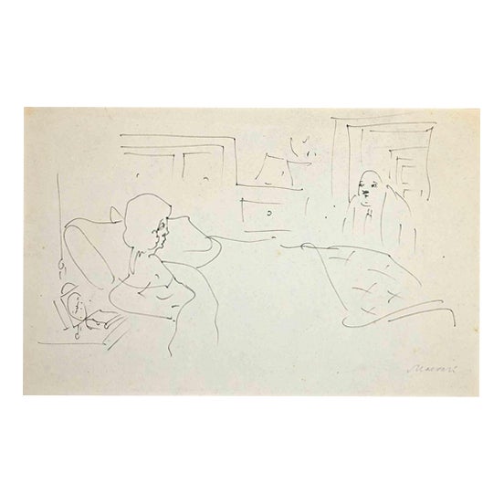 Mino Maccari, Couple, 1960s, Ink Drawing For Sale