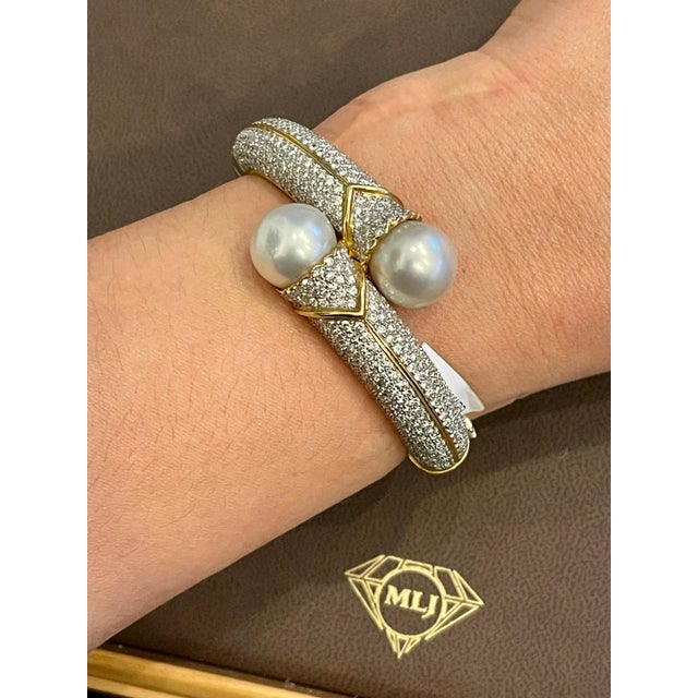 South Sea Pearl and 8 Carat Diamond Bangle in 18 Karat Yellow Gold Estate For Sale - Image 11 of 18