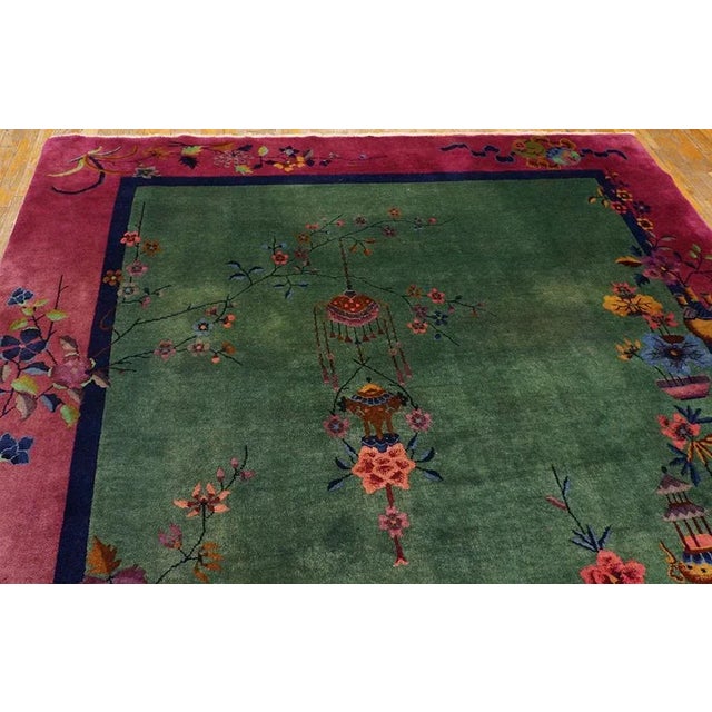 Textile 1920s Green Floral Vase Antique Chinese Art Deco Rug 8'0" X 9'4" Handknotted Wool Carpet For Sale - Image 7 of 9