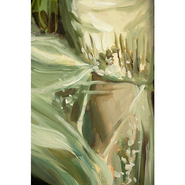 Garden Wind by Nadezda | Oil on Panel Woman in a flowing dress against a green background. For Sale - Image 4 of 5