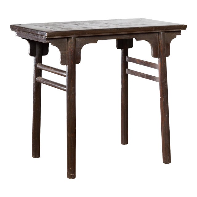 Chinese Early 20th Century Dark Lacquer Wine Console Table with Carved Apron For Sale
