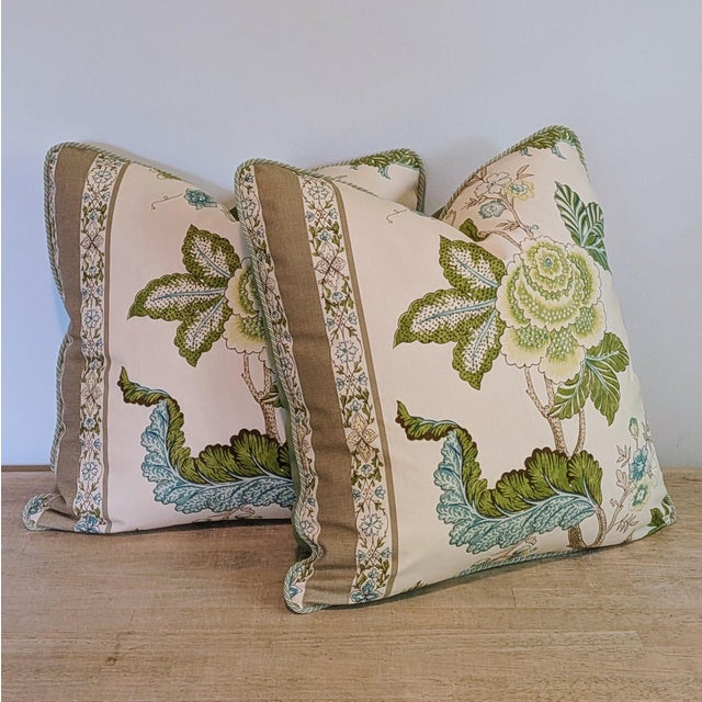 Brunschwig & Fils Bellary Floral Pillows in Aqua/Taupe With Multi Cord For Sale In Greensboro - Image 6 of 7