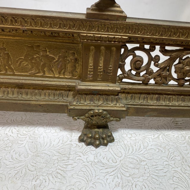 Brass Antique Grecian War Scened Floral Pierced Claw Foot Brass Fireplace Fender For Sale - Image 8 of 13