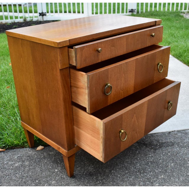 John Stuart Walnut Nightstand Mid Century Modern Vintage 3 Drawer Chest Brass For Sale - Image 12 of 15