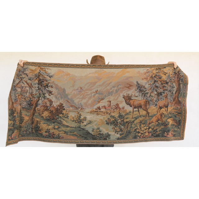 Vintage Alpine Mountain Chalet Deer Woodland Scene Flemish Tapestry For Sale - Image 18 of 18