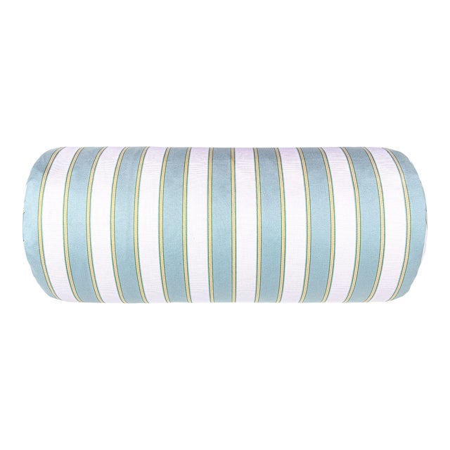 Scalamandre 21" x 7" Piano Stripe Bolster Pillow in Robin'S Egg For Sale