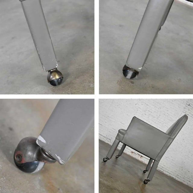 Modern Gray Faux Leather Modified Parsons Style Armed Accent Chair on Casters For Sale - Image 10 of 17