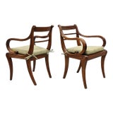 Vintage English Regency Style Cane Seat Mahogany Saber Leg Arm Chairs - A Pair For Sale