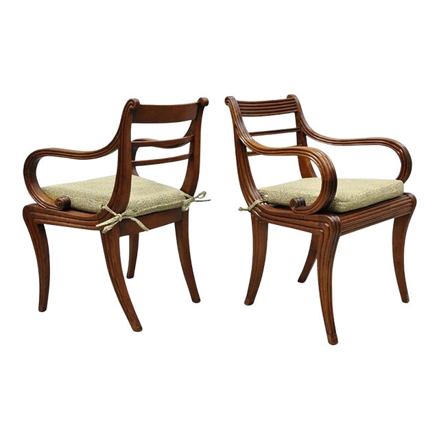 Vintage English Regency Style Cane Seat Mahogany Saber Leg Arm Chairs - A Pair For Sale