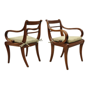 Vintage English Regency Style Cane Seat Mahogany Saber Leg Arm Chairs - A Pair