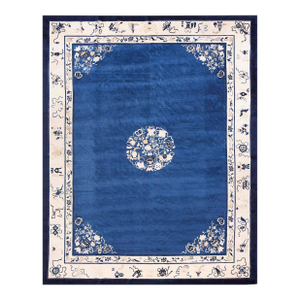 Fascinating Royal Blue Open Field With Floral Border in a Qing Style Antique Chinese Peking Rug