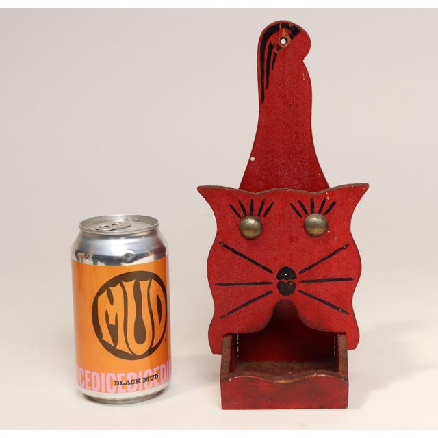 Wood Vintage Folk Art Carved "Cat" Hand-Painted Red and Black Wooden Matchbook Holder For Sale - Image 7 of 13