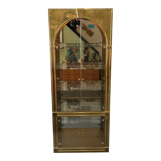1990s Mastercraft Style Brass + Glass Lighted Display Cabinet For Sale