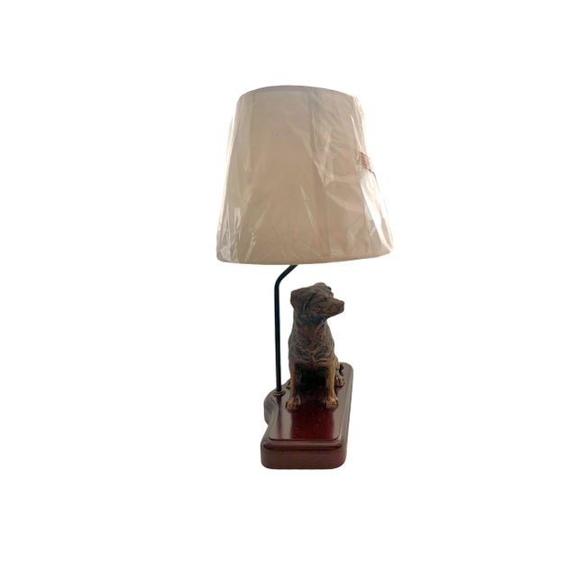 Late 20th Century Figural Golden Retriever Dog Table Lamp, Metal on Wood Base With Shade, 21.5"h For Sale - Image 11 of 12