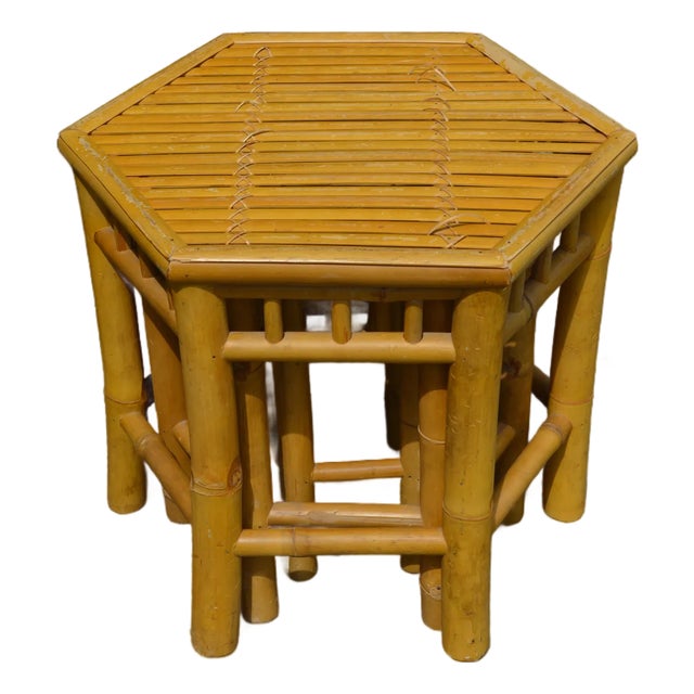 1970s Vintage Set of 3 Golden Bamboo Nesting Tables or Stools - Hexagon Shaped For Sale