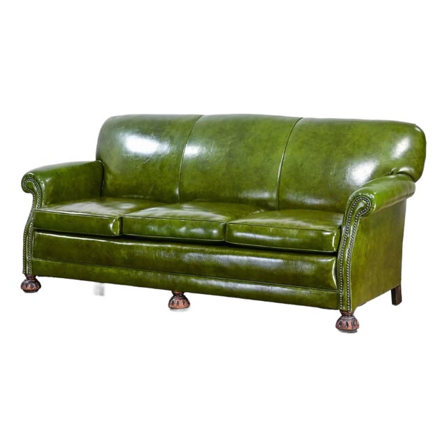 1940-1950Äôs Traditional Green Naugahyde Faux Leather Lawson Club Style Sofa W/Rolled Arms For Sale