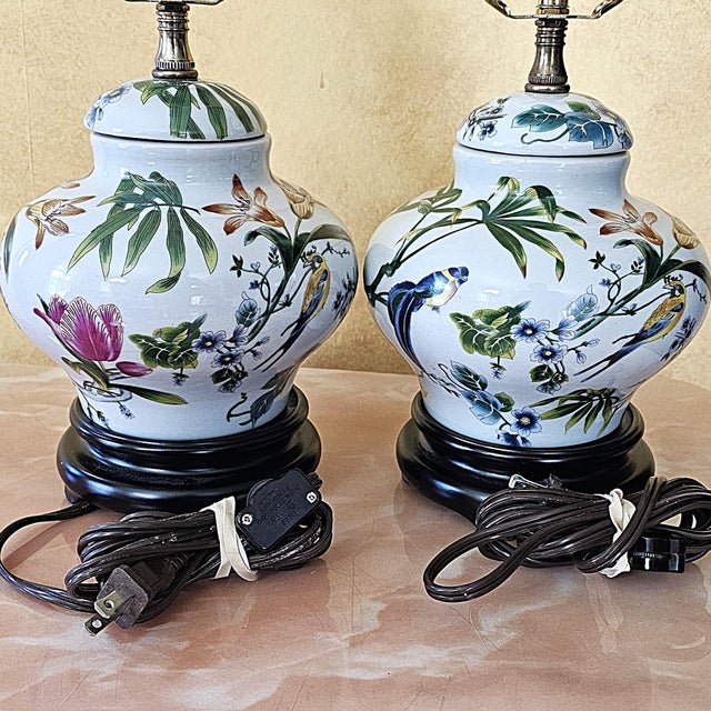Vintage Chinoiserie Porcelain Bird & Floral Table Lamps With Shades - a Pair For Sale In Washington DC - Image 6 of 18
