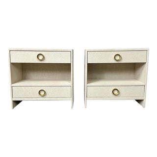 Pair Custom Linen Wrapped Open Commodes, Chests, Nightstands, White, American For Sale