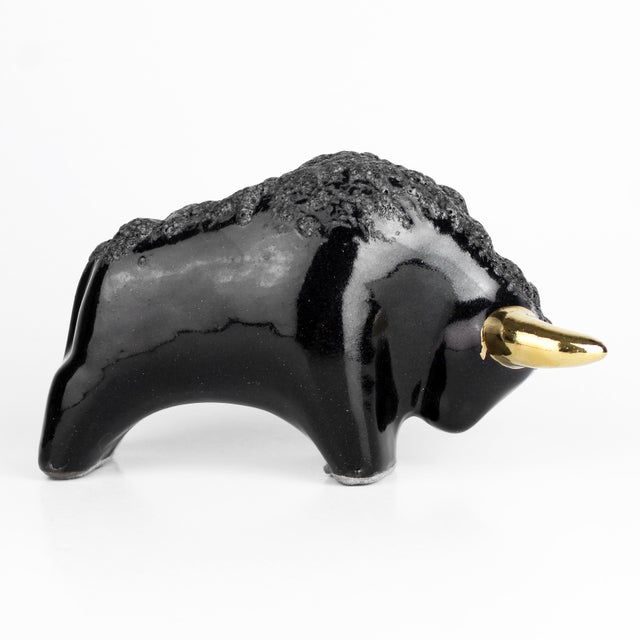 Black Mid-Century Modern Otto Keramik Ceramic Bull Buffalo Figurine Black Gold Horns Germany For Sale - Image 8 of 12