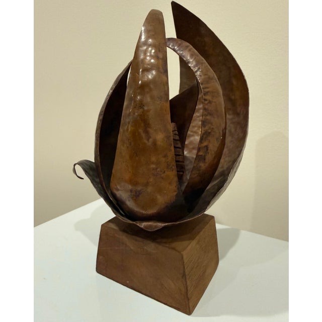 Early 20th Century Early 20th Century Arts & Crafts, Hammered Copper Flower Sculpture on Walnut Base For Sale - Image 5 of 5
