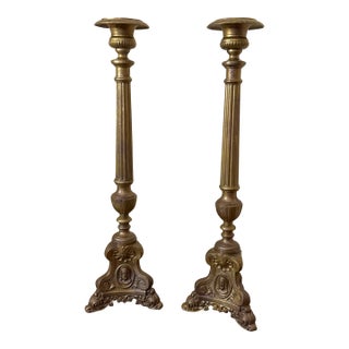 Vintage Antique French Style Altar Candlesticks With Figural Bases- a Pair For Sale