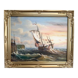 Original Oil Painting Sailing Boat Harbor Storm Seascape Nautical Art Framed For Sale