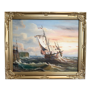 Original Oil Painting Sailing Boat Harbor Storm Seascape Nautical Art Framed