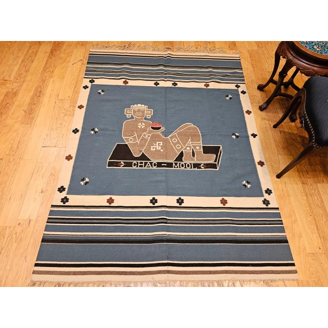 1900 - 1909 Vintage Southwestern Texcoco Saltillo Blanket Kilim, Mexican Deity Motif, Royal Blue, 4x6 For Sale - Image 5 of 16