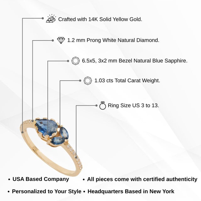 Pear & Marquise Cut Blue Sapphire Diamond 14k Gold Art Deco Ring Size 6.5 For Sale - Image 12 of 17