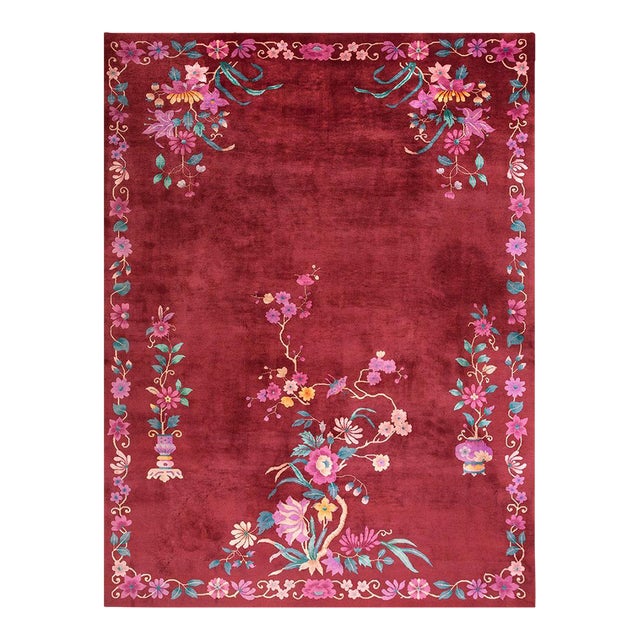 1920s Ruby Red Floral Antique Chinese Art Deco Rug 8' 8" X 11' 6" Handknotted Wool Carpet For Sale