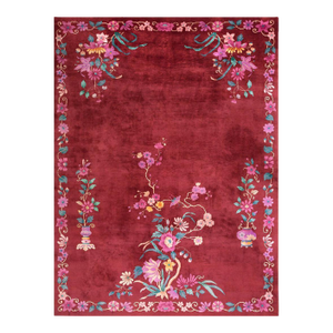 1920s Ruby Red Floral Antique Chinese Art Deco Rug 8' 8" X 11' 6" Handknotted Wool Carpet
