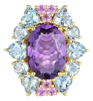 Nina Zhou Margeret Amethyst Aquamarine Pink Sapphire Cocktail Ring in 14k Yellow Gold (All Sizes Available)