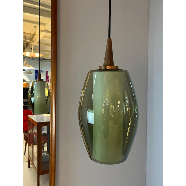 Pendant Lamp with Smoked Glass Shade and Opal Glass Insert and Teak Applications For Sale - Image 4 of 11