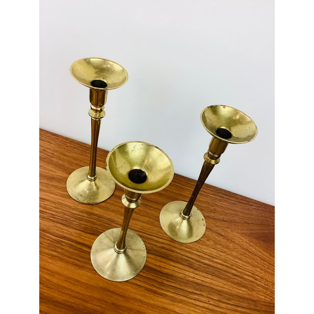 Vintage Tall Brass Graduated Size Set of 3 Candle Holders For Sale In Las Vegas - Image 6 of 6