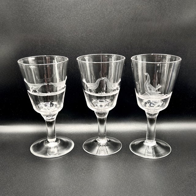 Rustic Antique Victorian Hand-Engraved Glass Wine Goblets with Wildlife Goose Scene, England, 1900s, Set of 3 For Sale - Image 3 of 8