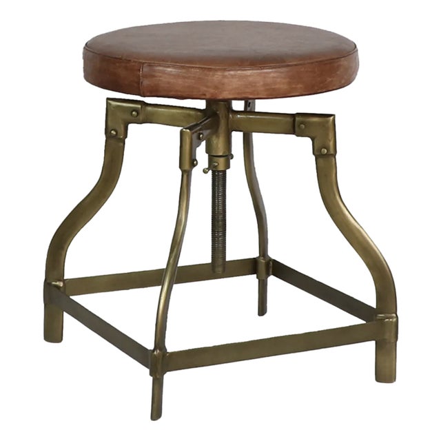 Matthew Izzo Home Brass Finish and Leather Adjustable Piano Stool For Sale
