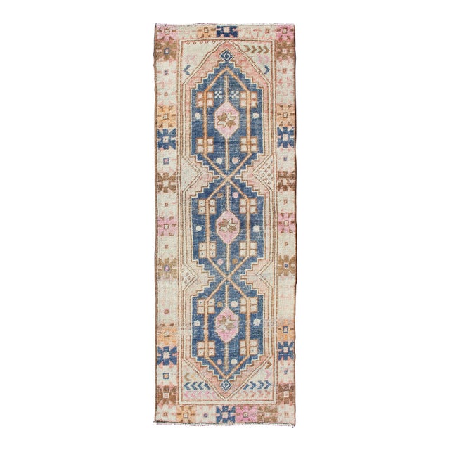 Vintage Turkish Oushak Runner With Soft Indigo, Peach, and Rose Colors 2'5 X 7'7 For Sale