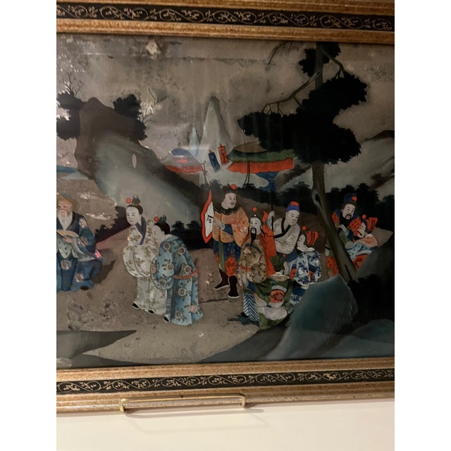 18th Century Chinese Reverse Figurative Landscape Panting on Glass, Framed For Sale In Dallas - Image 6 of 11