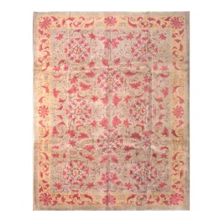 1930s Tan Sand Foliate Antique Chinese Art Deco Rug 9'0" X 11'8" Knotted Wool Carpet For Sale