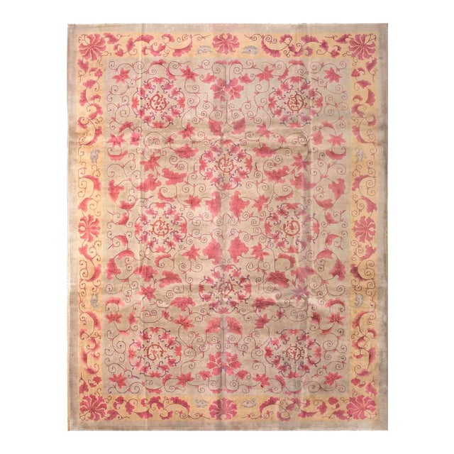 1930s Tan Sand Foliate Antique Chinese Art Deco Rug 9'0" X 11'8" Knotted Wool Carpet For Sale