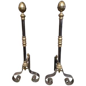 Iron and Brass Chenets or Andirons, 19th Century - a Pair
