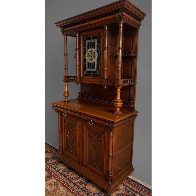 French Late 19th Century French Carved Oak Two Piece Cupboard With Stained Glass For Sale - Image 3 of 7
